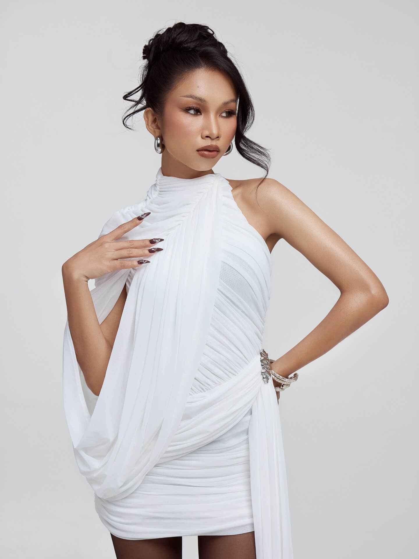 Instinct One Shoulder Draped Ruched Mini Dress White
