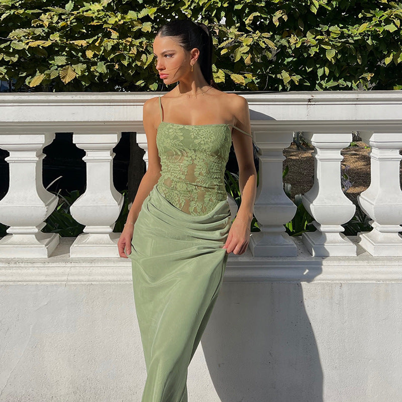 Lace slim-fit maxi party dress - Green - ICYBOO