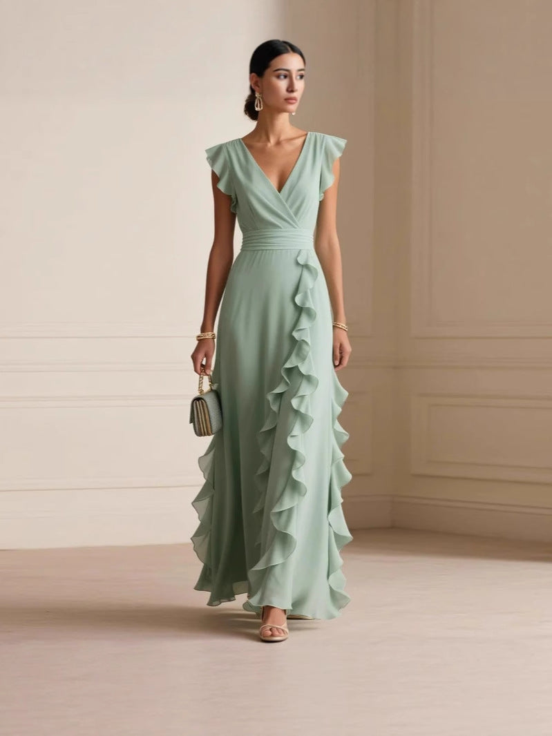 Pure Color Pleated V Neck Maxi Summer Dress - Green - ICYBOO
