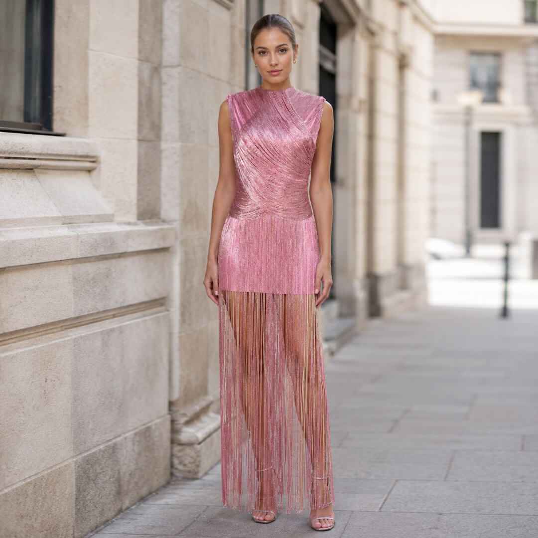 Symphonie Fringe High Neck  Maxi Dress