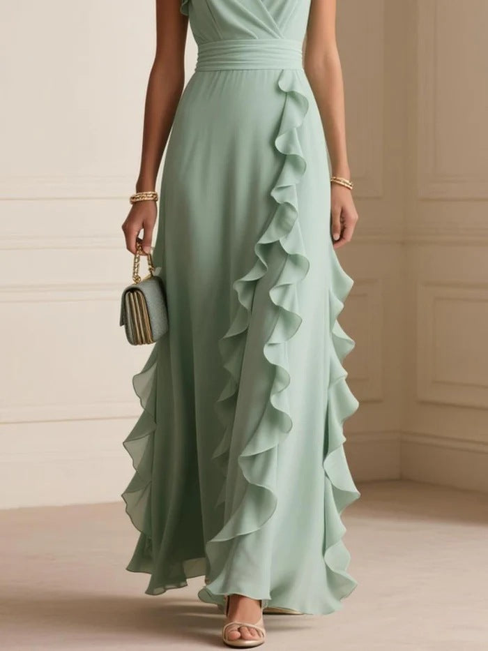 Pure Color Pleated V Neck Maxi Summer Dress - Green - ICYBOO