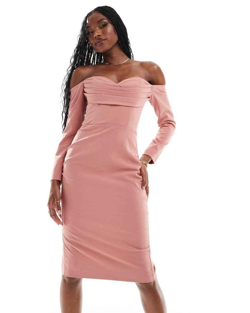 Élégance Off Shoulder Long Sleeve Midi Dress