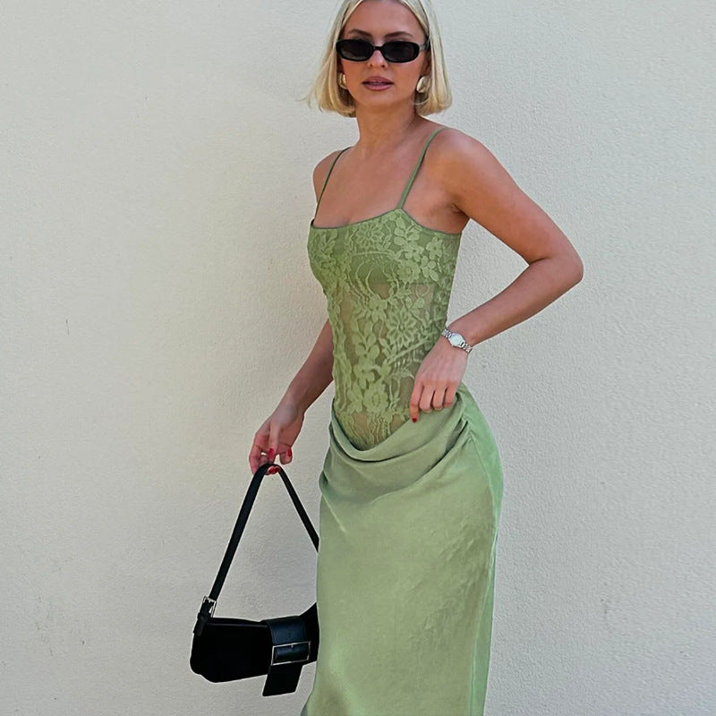 Lace slim-fit maxi party dress - Green - ICYBOO