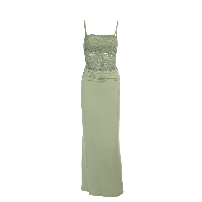 Lace slim-fit maxi party dress - Green - ICYBOO