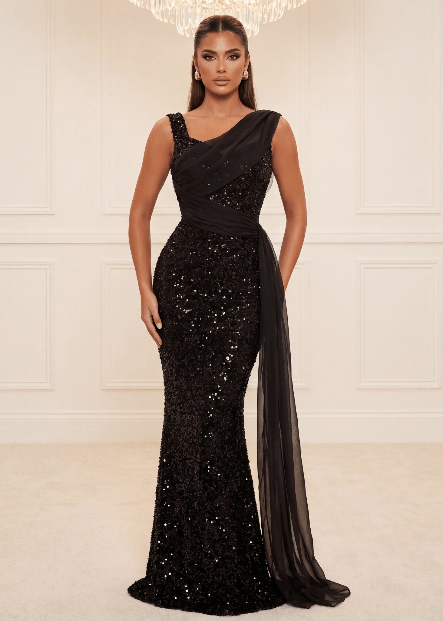 Prestige Hour Sequin Drape Gown - Black