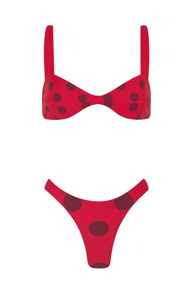 Le Dot Rouge Reversible Floral Polka Dot Mini Summer Bikini - Red