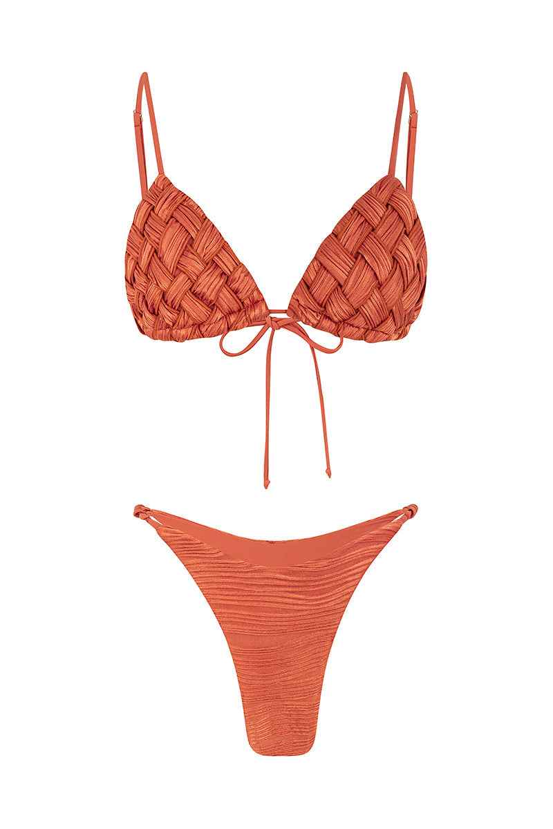 Midnight Tangerine Textured Braided Summer Bikini Set - Orange