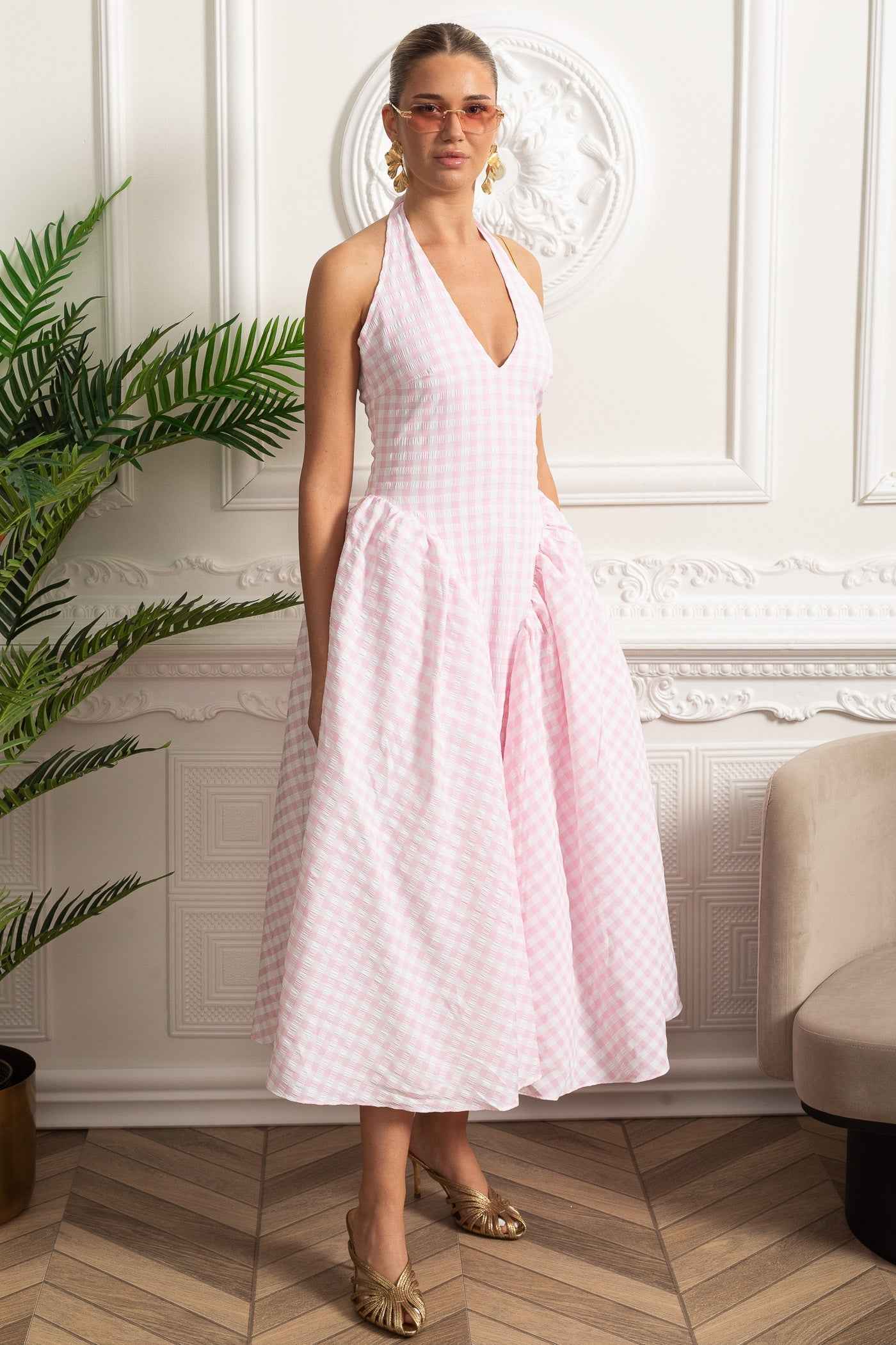 Pastel Checked | SLEEVELESS FITTED MIDI SUMMER DRESS