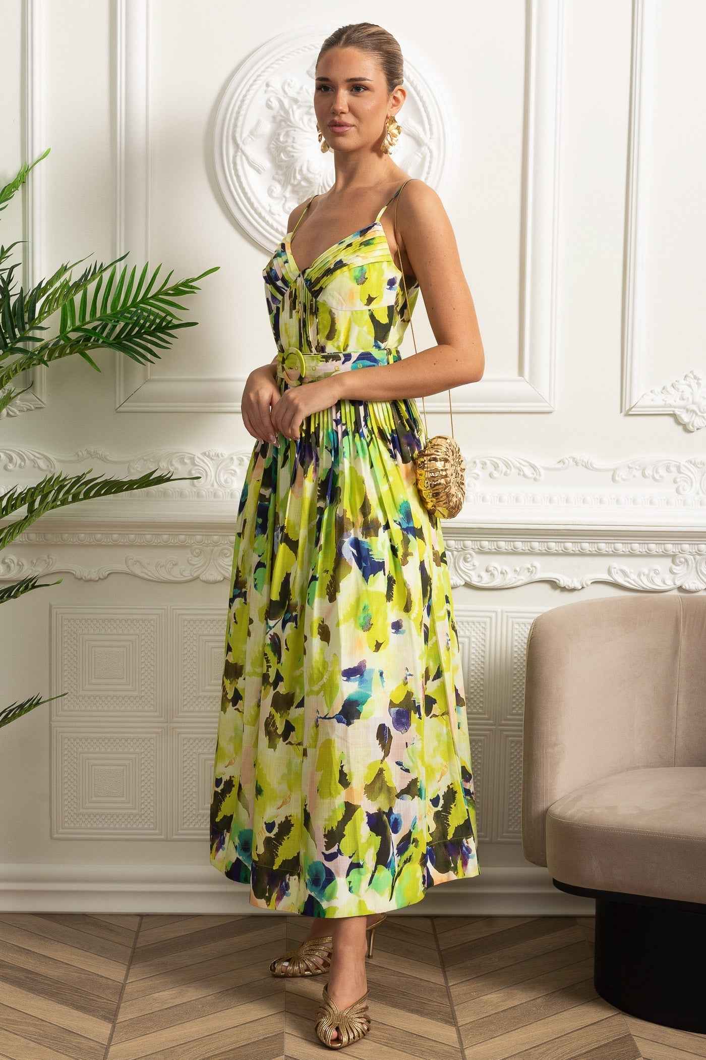 Pleated Bust Belted Midi Dress with Spaghetti Straps - Yellow