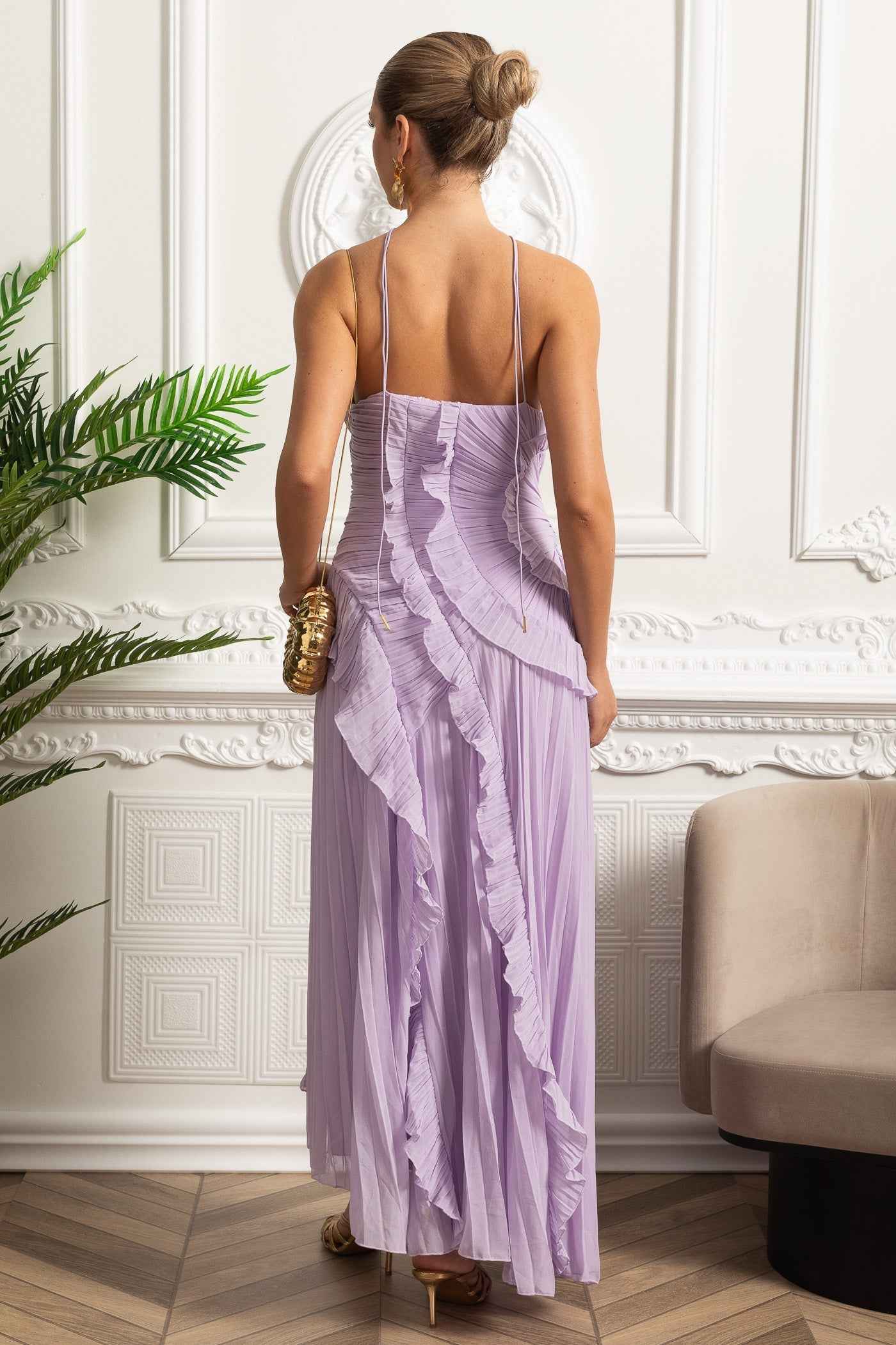 Lavender Pleated | PLEATED HALTER MIDI COCKTAIL PARTY DRESS