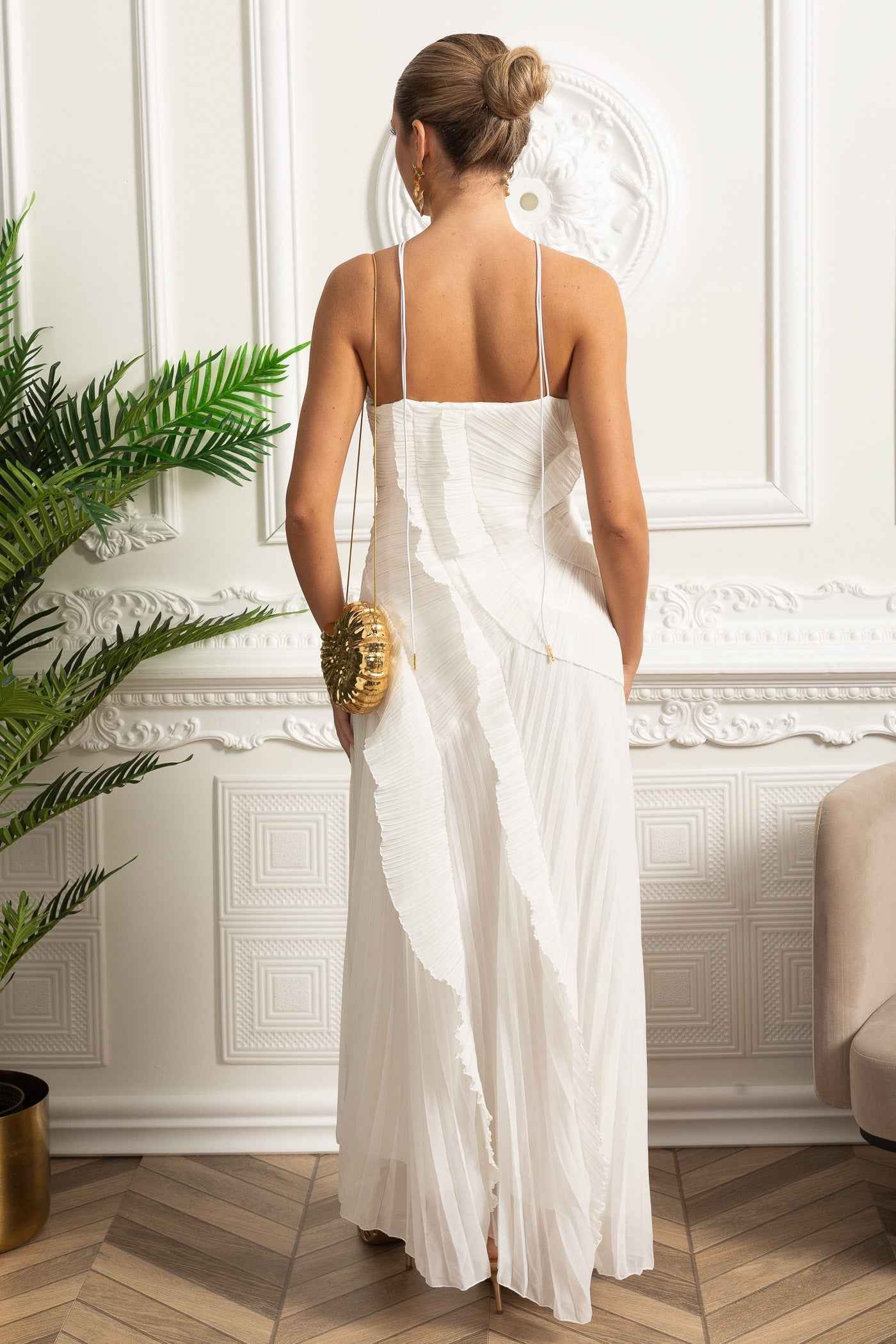 Pleated Halter Midi Dress With Cascading Ruffle Details - White