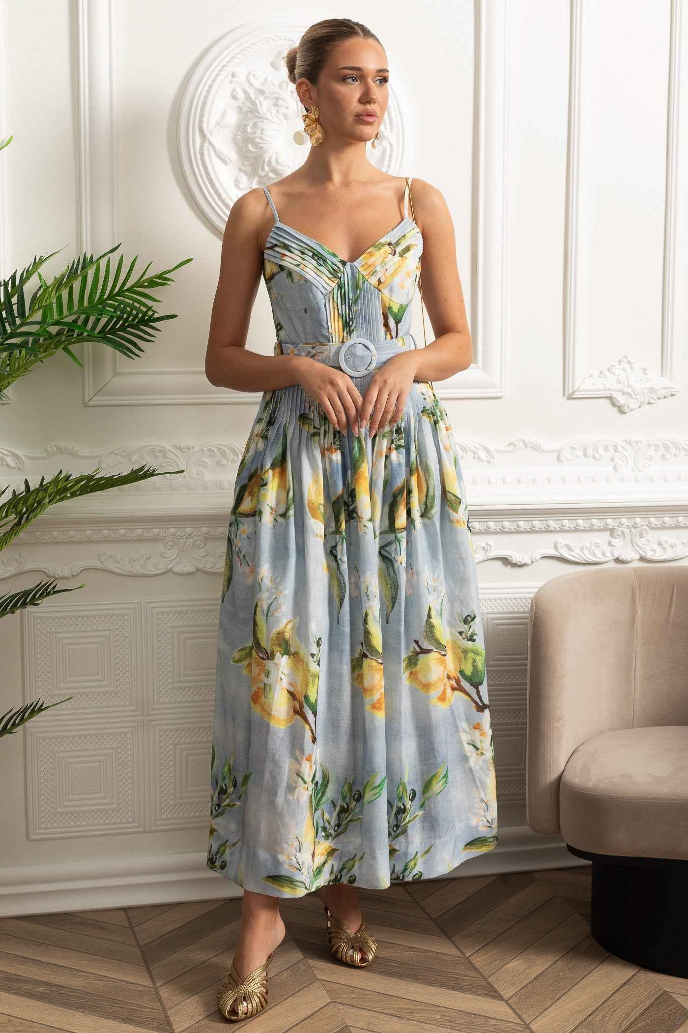 Pleated Bust Belted Midi Dress with Spaghetti Straps - Sky Blue