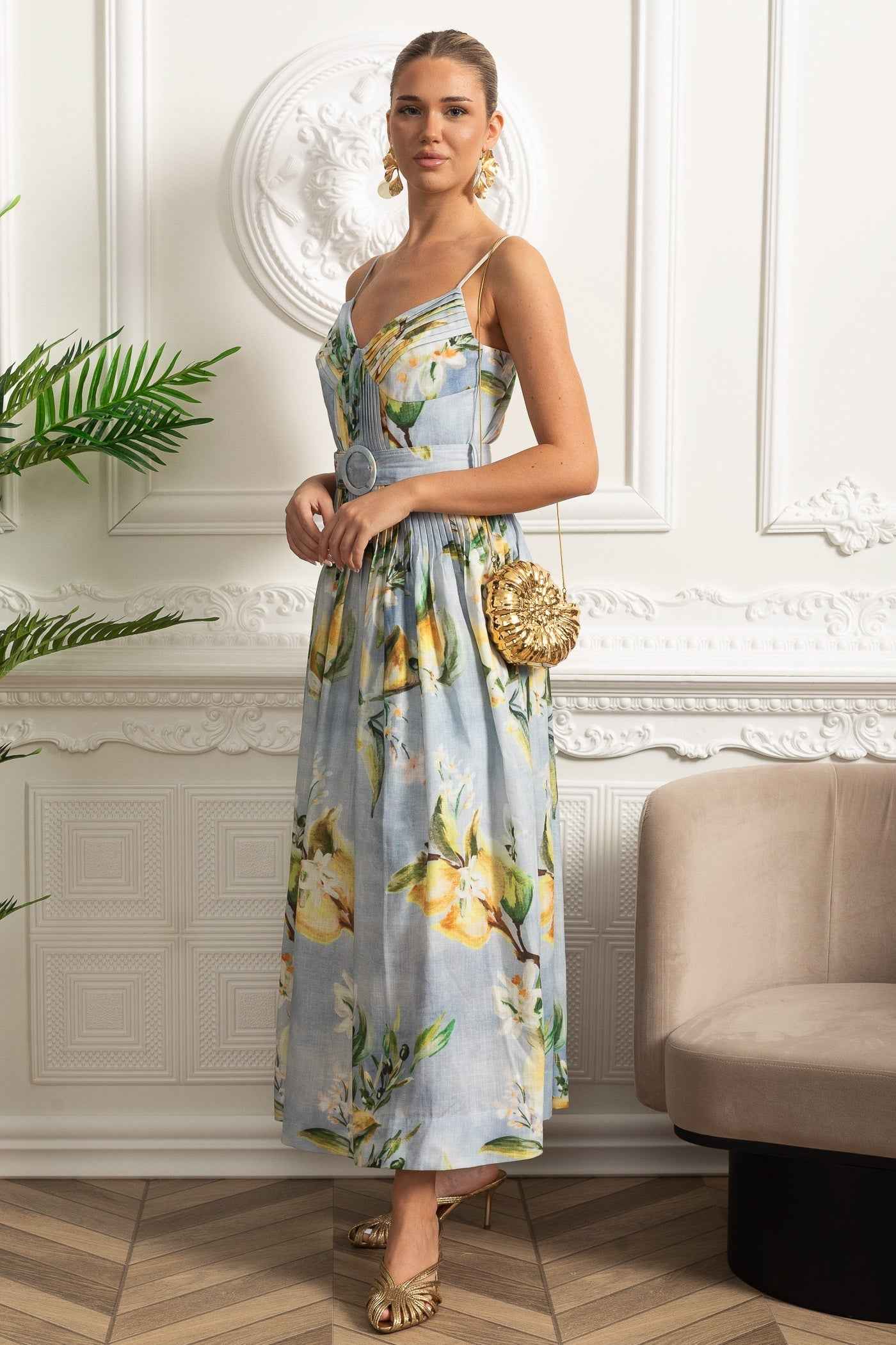 Pleated Bust Belted Midi Dress with Spaghetti Straps - Sky Blue