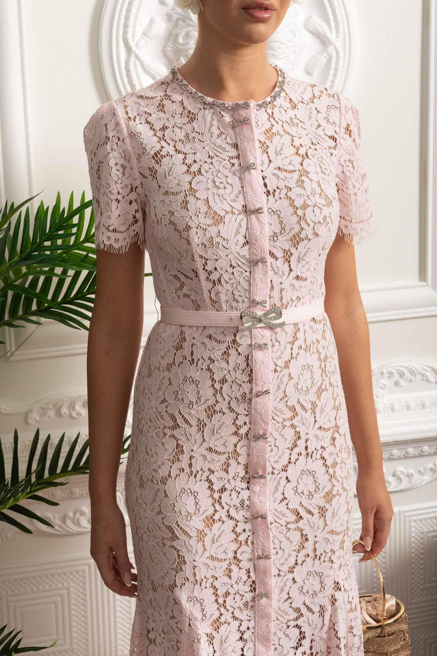 Blush Pink Elegance | LACE FITTED MIDI COCKTAIL DRESS