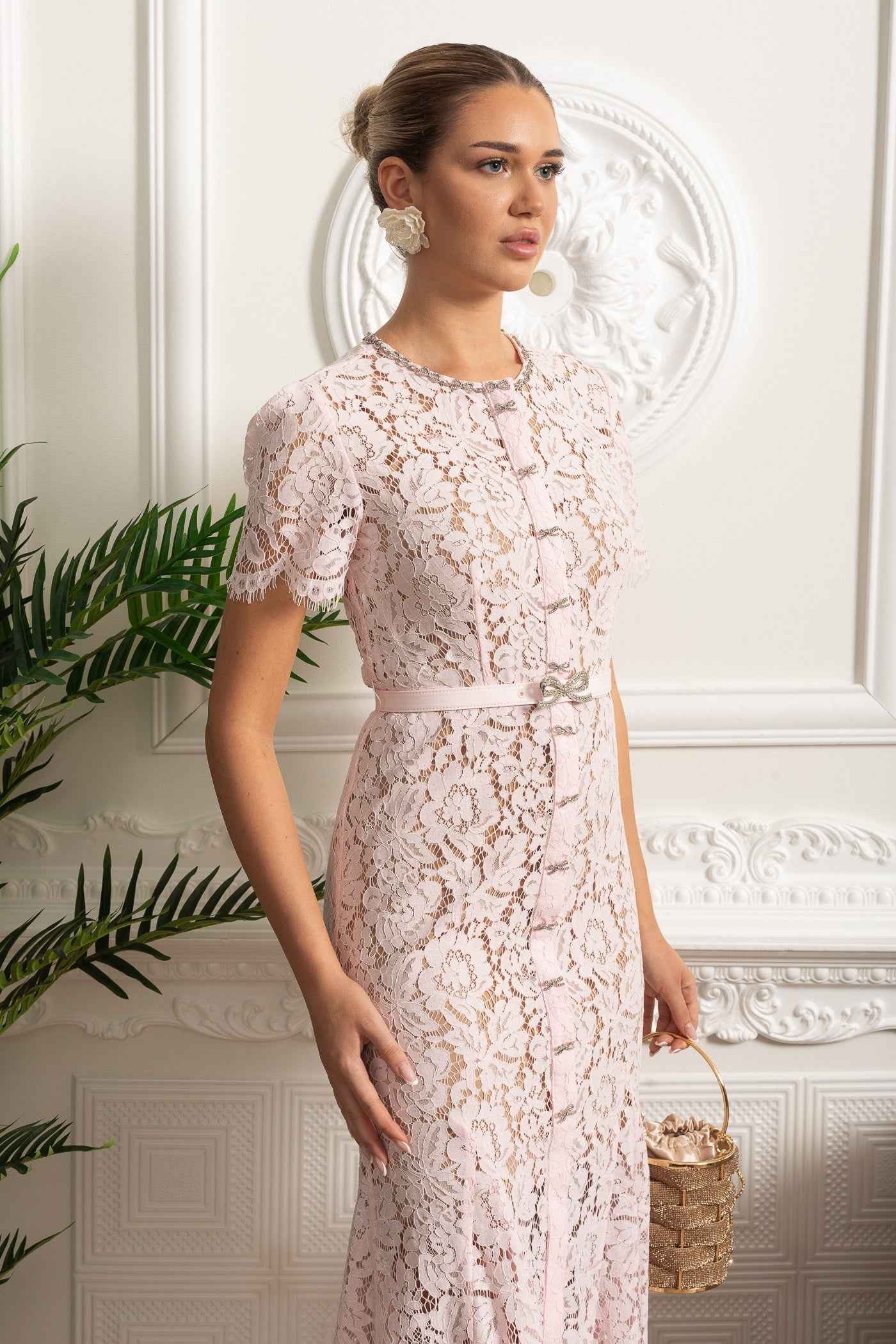 Blush Pink Elegance | LACE FITTED MIDI COCKTAIL DRESS