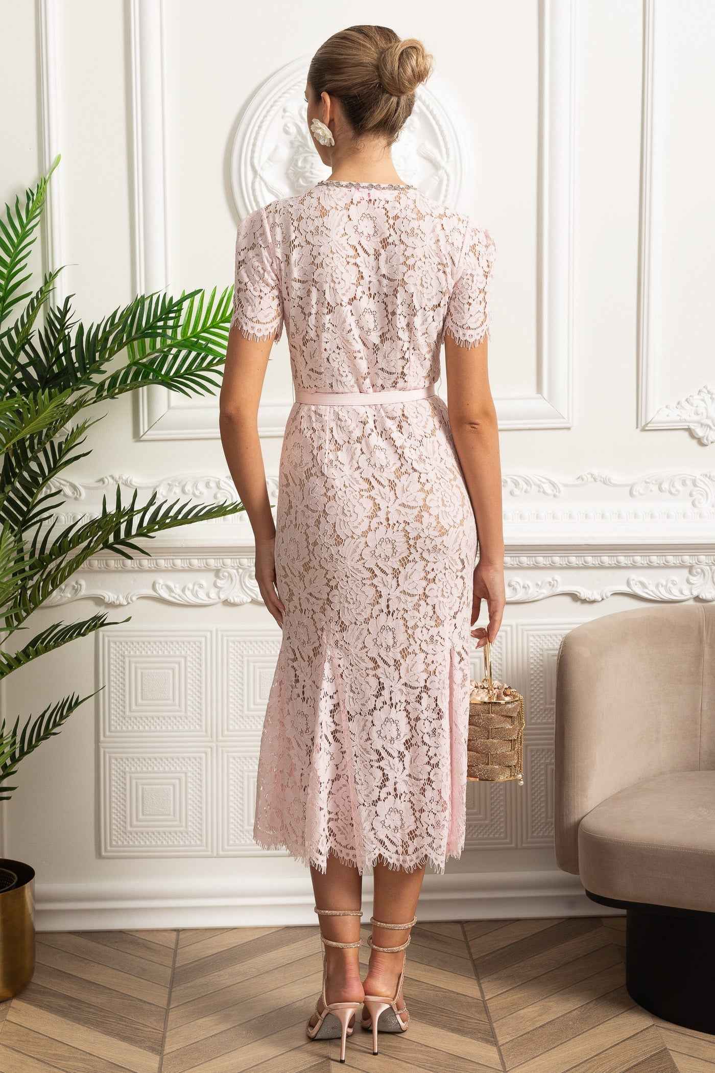 Blush Pink Elegance | LACE FITTED MIDI COCKTAIL DRESS