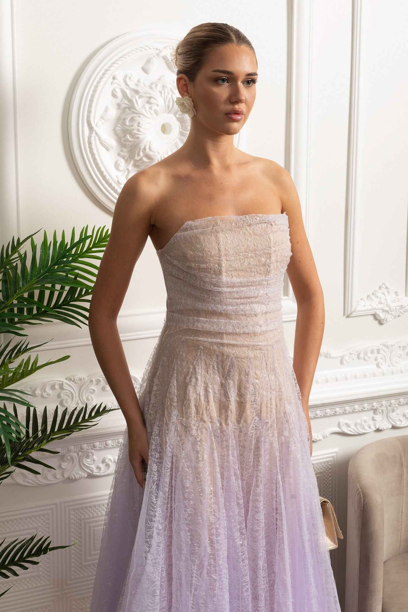 Lilac Gradient | STRAPLESS FITTED MIDI COCKTAIL PARTY DRESS