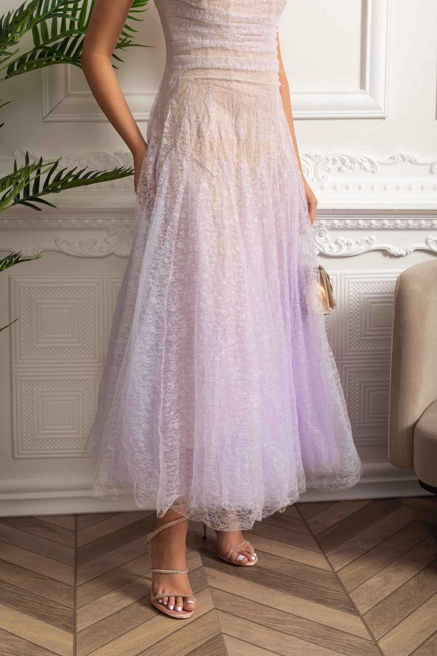 Lilac Gradient | STRAPLESS FITTED MIDI COCKTAIL PARTY DRESS