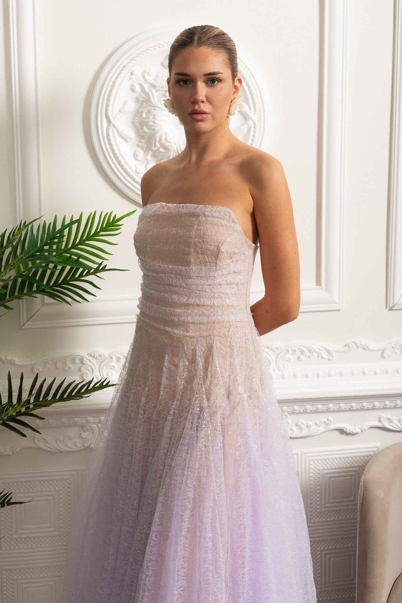 Lilac Gradient | STRAPLESS FITTED MIDI COCKTAIL PARTY DRESS