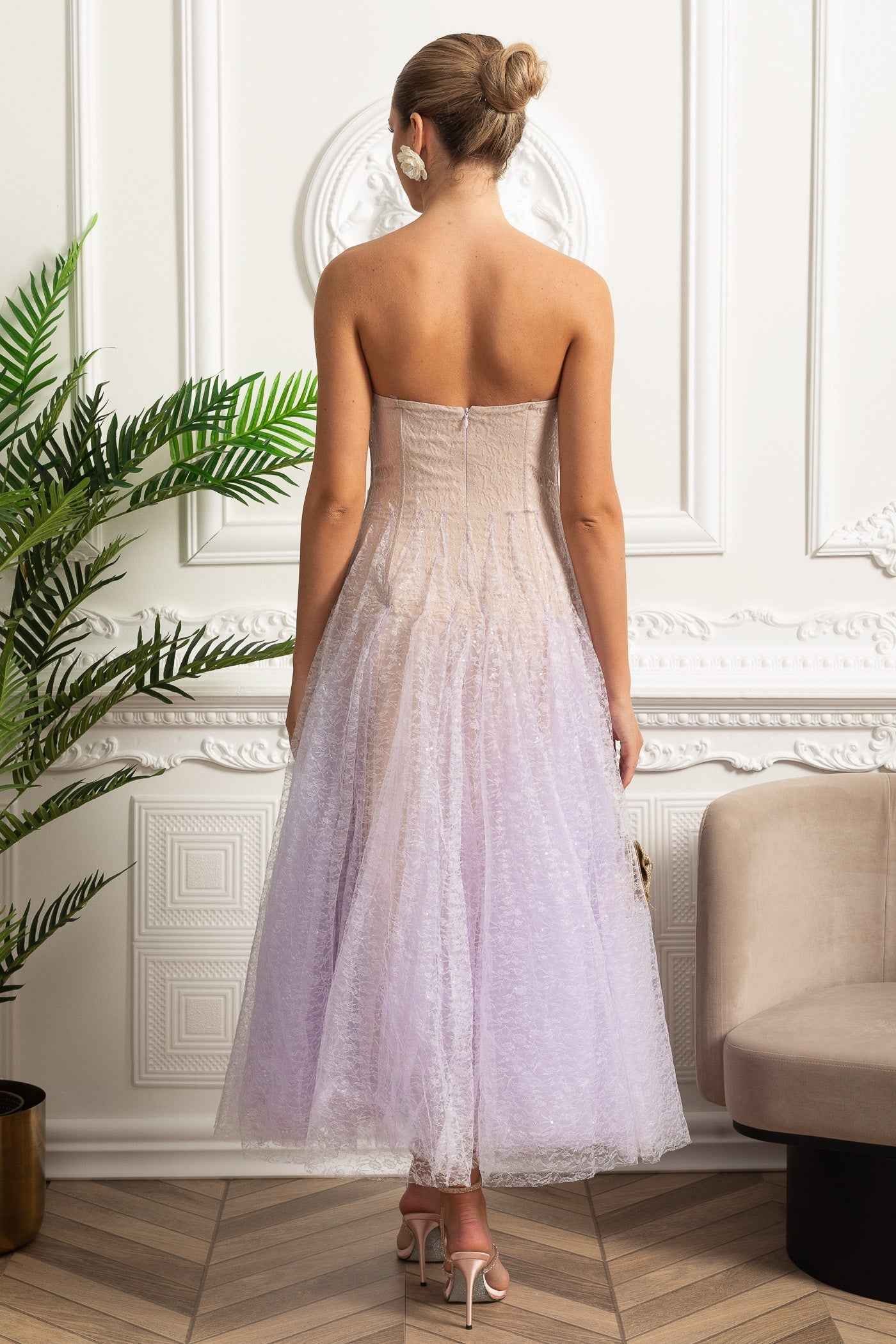 Lilac Gradient | STRAPLESS FITTED MIDI COCKTAIL PARTY DRESS