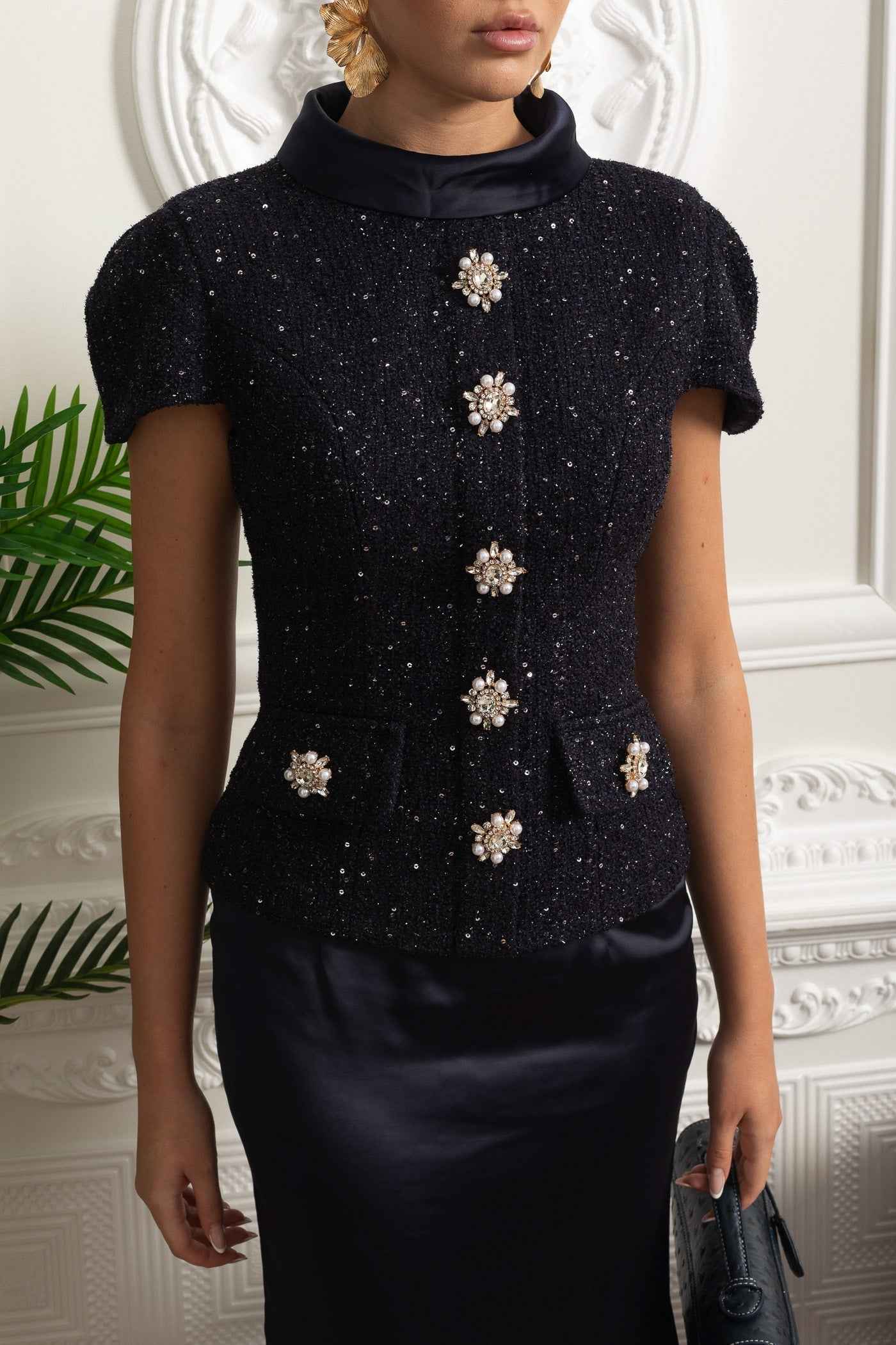 Co-Ord Set with Tweed Embellished Top and Satin Maxi Skirt - Navy