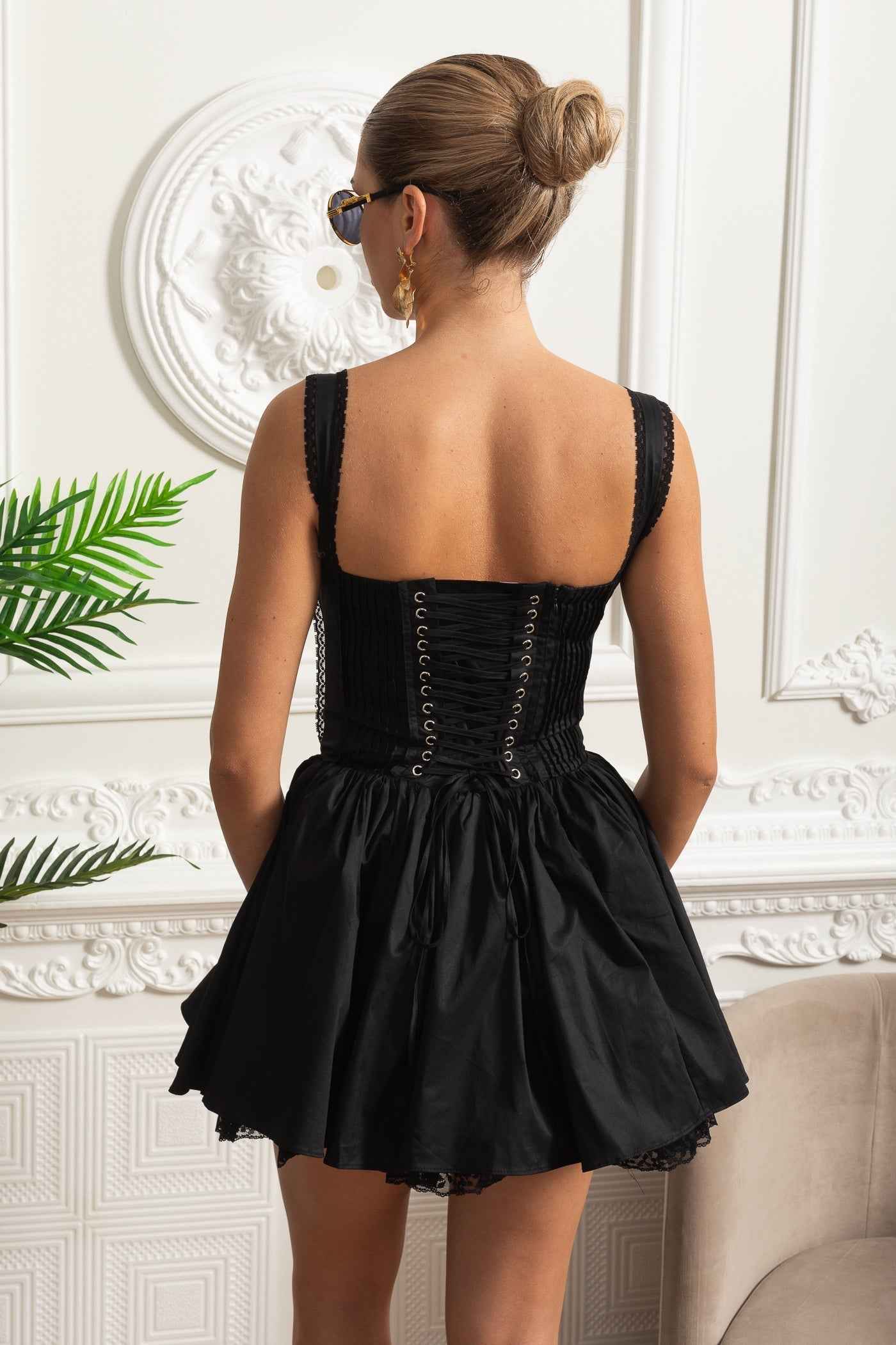 Bustier Dress with Lace-Up Back and Gathered Hem - Black