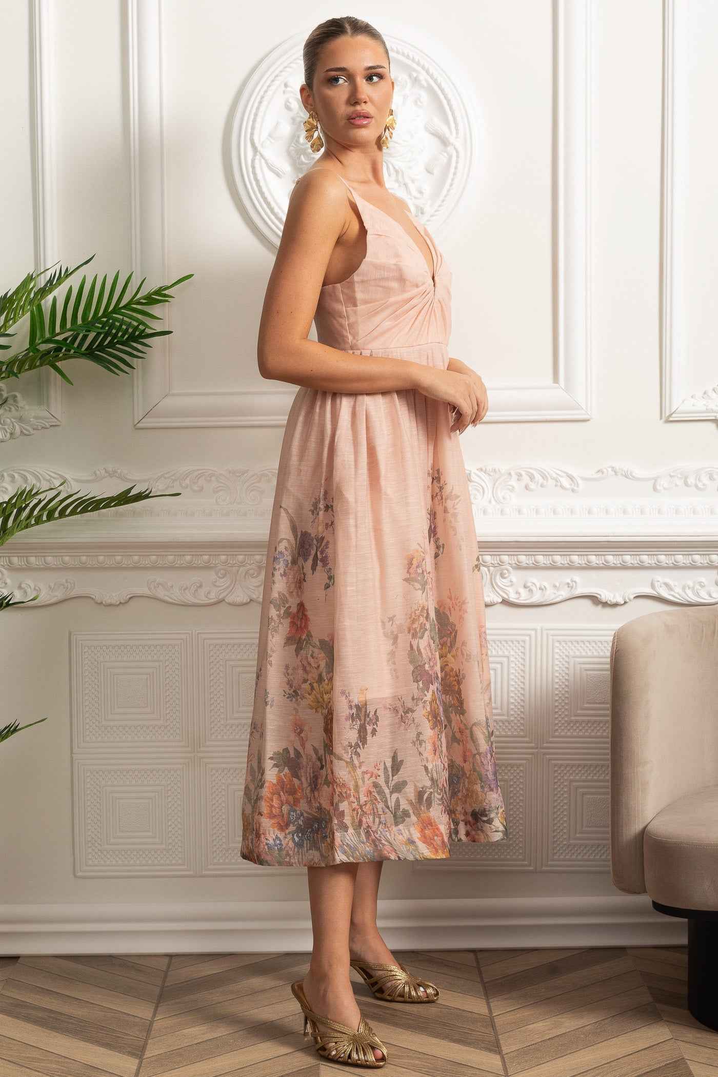 Blush Ruched | RUCHED FLORAL MIDI SUMMER PARTY DRESS