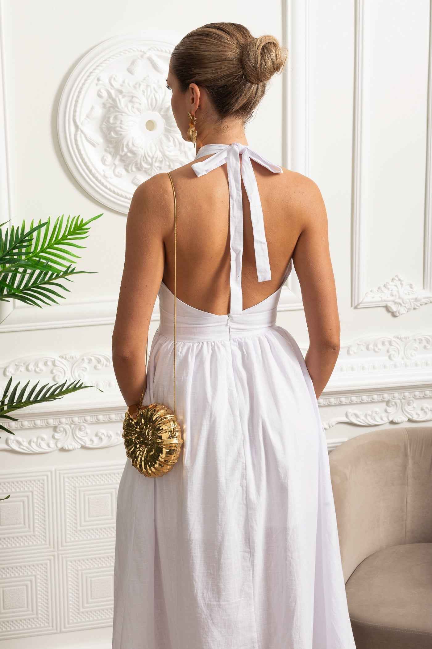 Halterneck Midi Dress With A-line Gathered Skirt - White