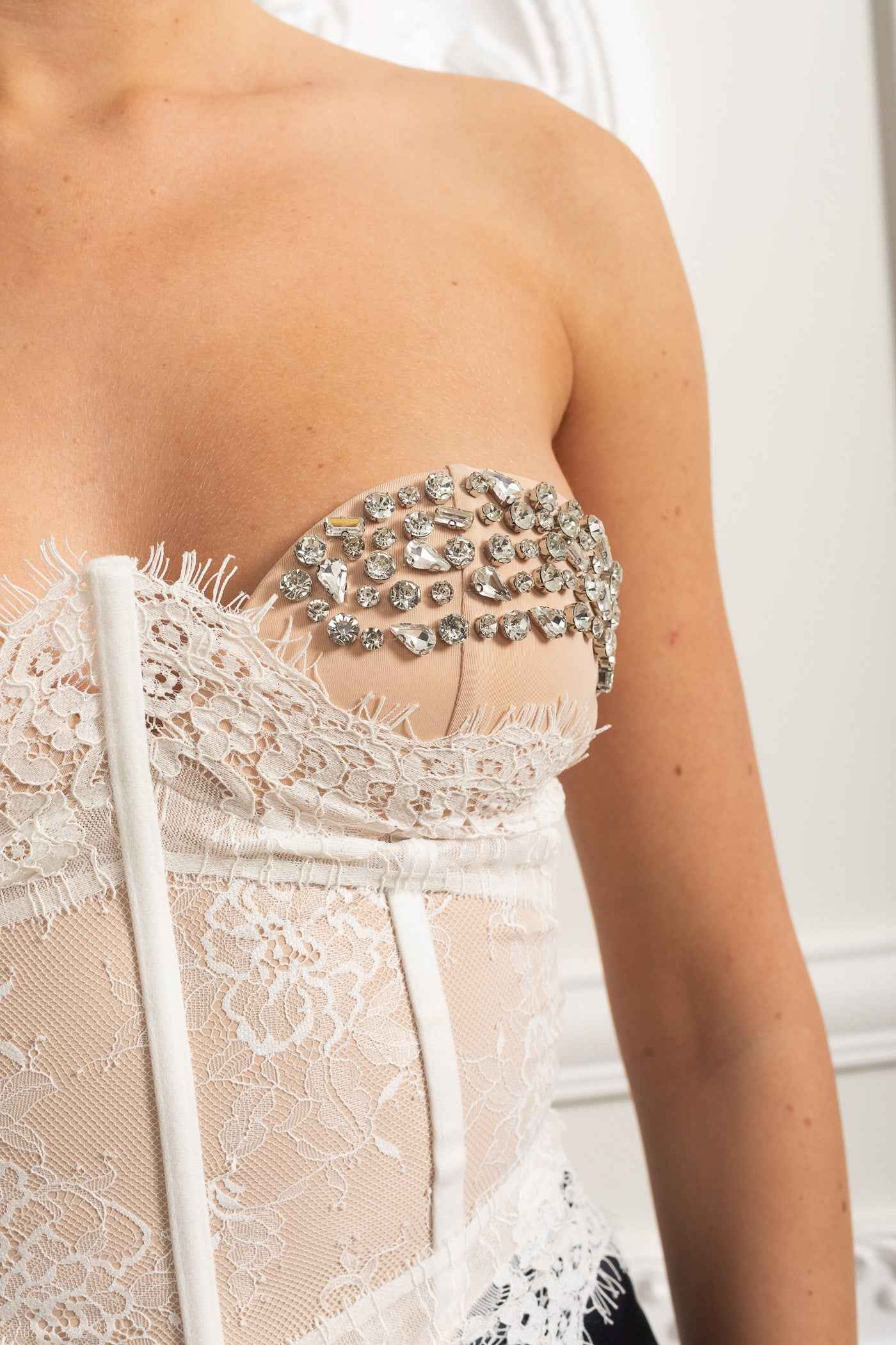 Lace Bustier Top With Crystal Embellished Cups - Ivoire