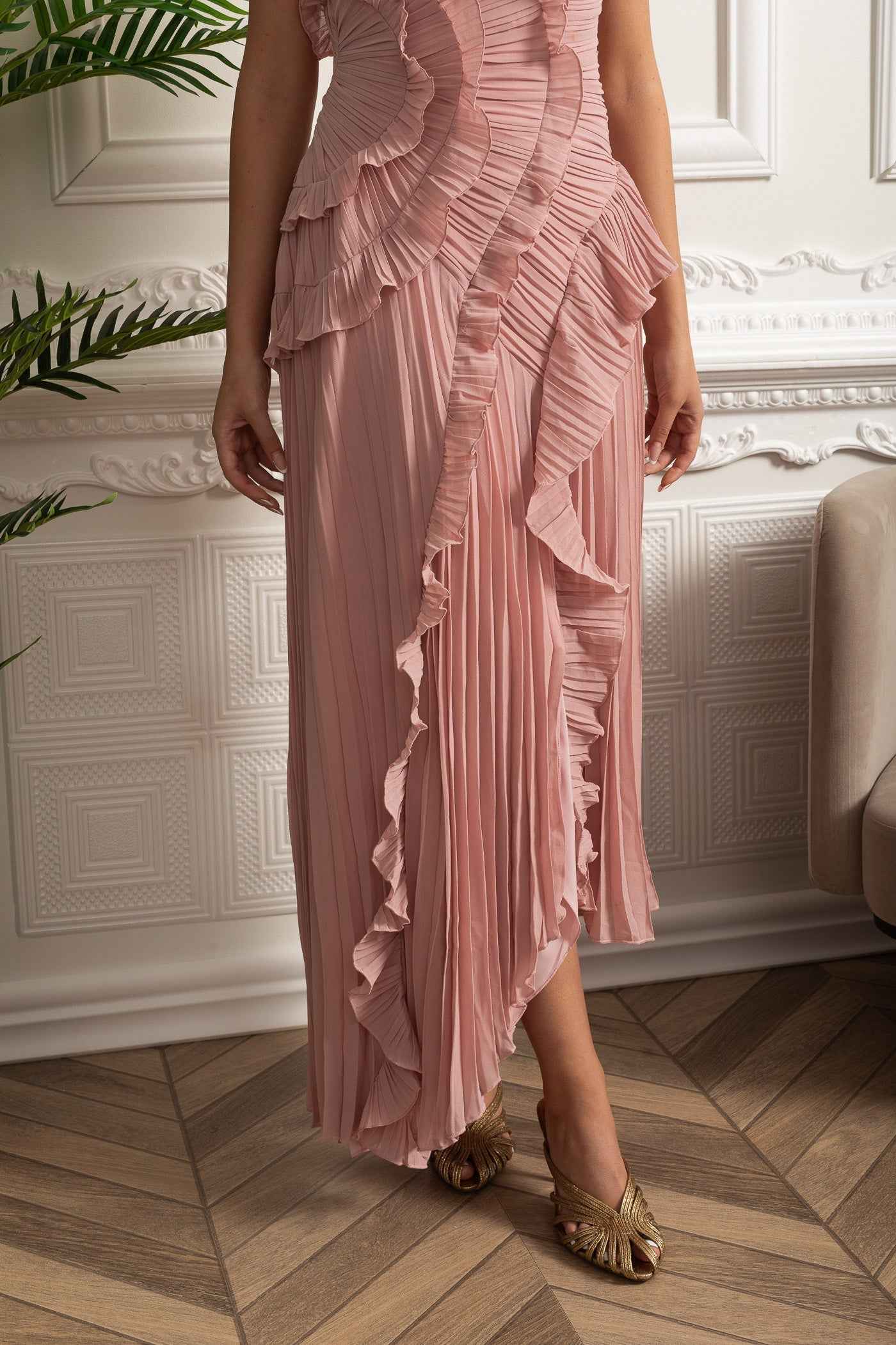 Pleated Halter Midi Dress With Cascading Ruffle Details - Pink
