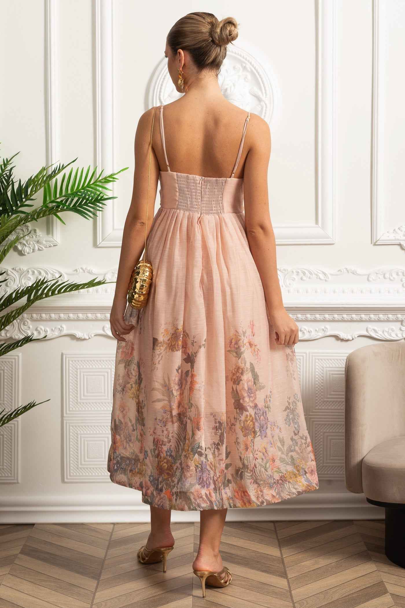 Ruched Bodice Strappy Midi Dress with Smocked Back and Gathered Skirt- Blush