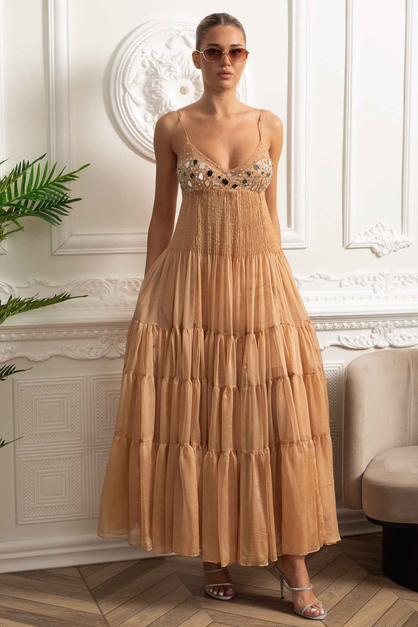Beige Elegance | TIERED MESH MAXI SUMMER DRESS