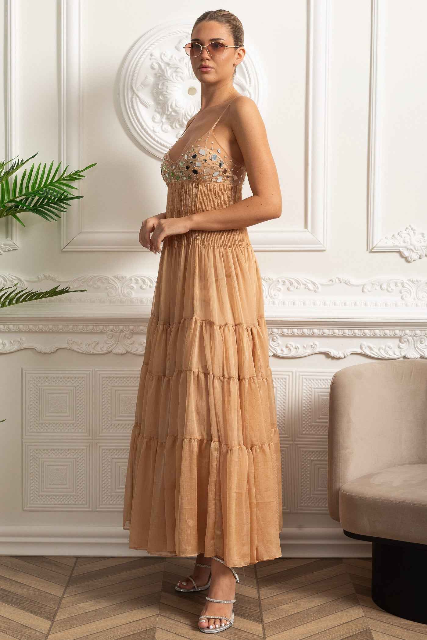 Beige Elegance | TIERED MESH MAXI SUMMER DRESS