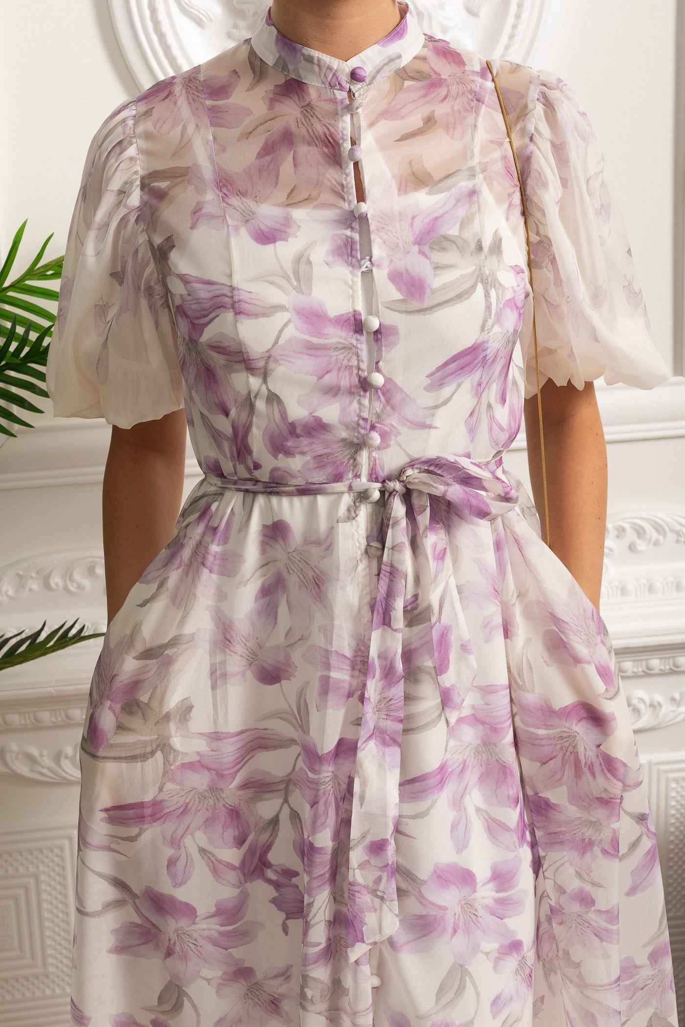 Sheer Silk Botanical | FLORAL PUFF-SLEEVE MIDI SUMMER DRESS