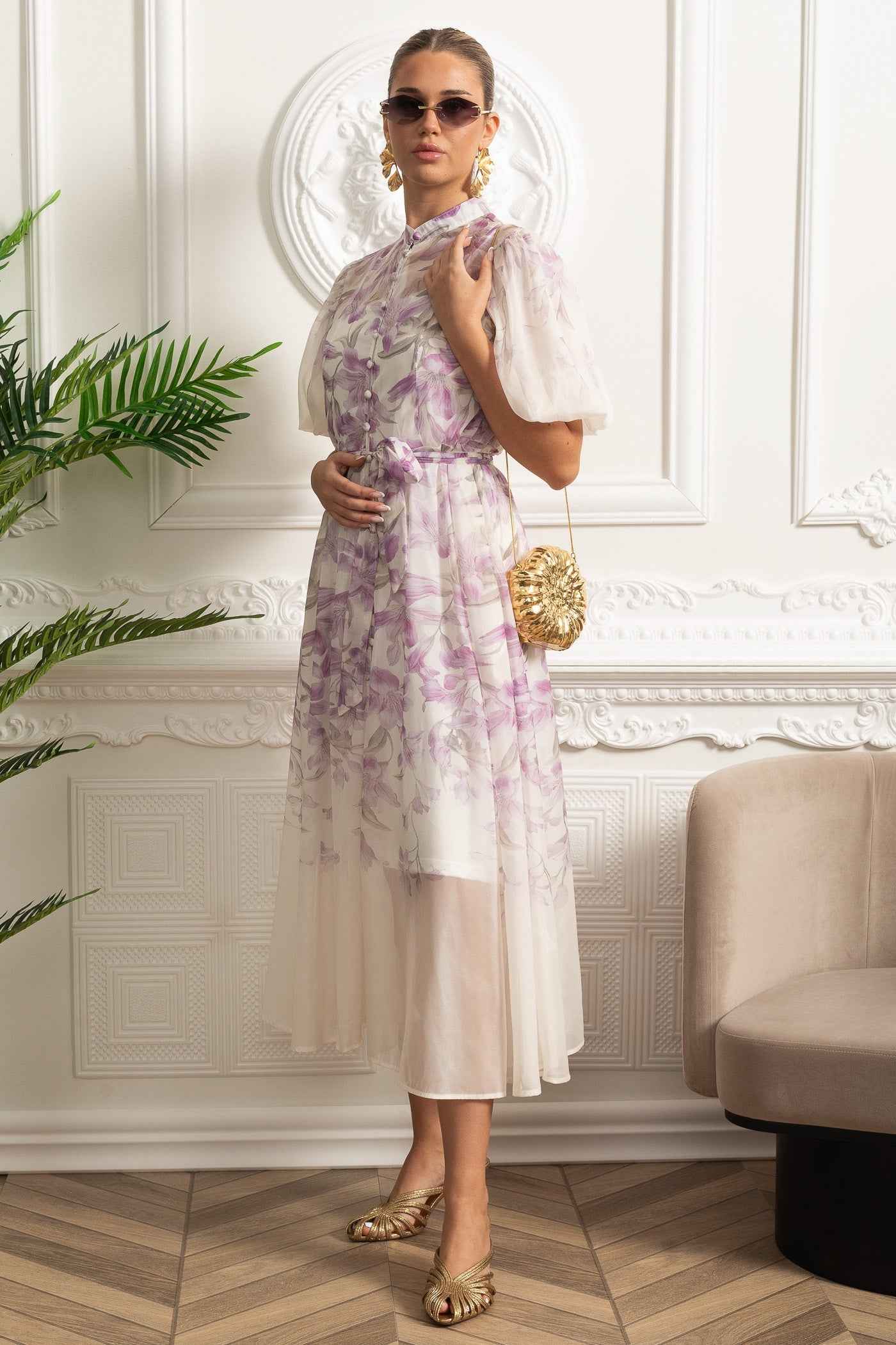Sheer Silk Botanical | FLORAL PUFF-SLEEVE MIDI SUMMER DRESS