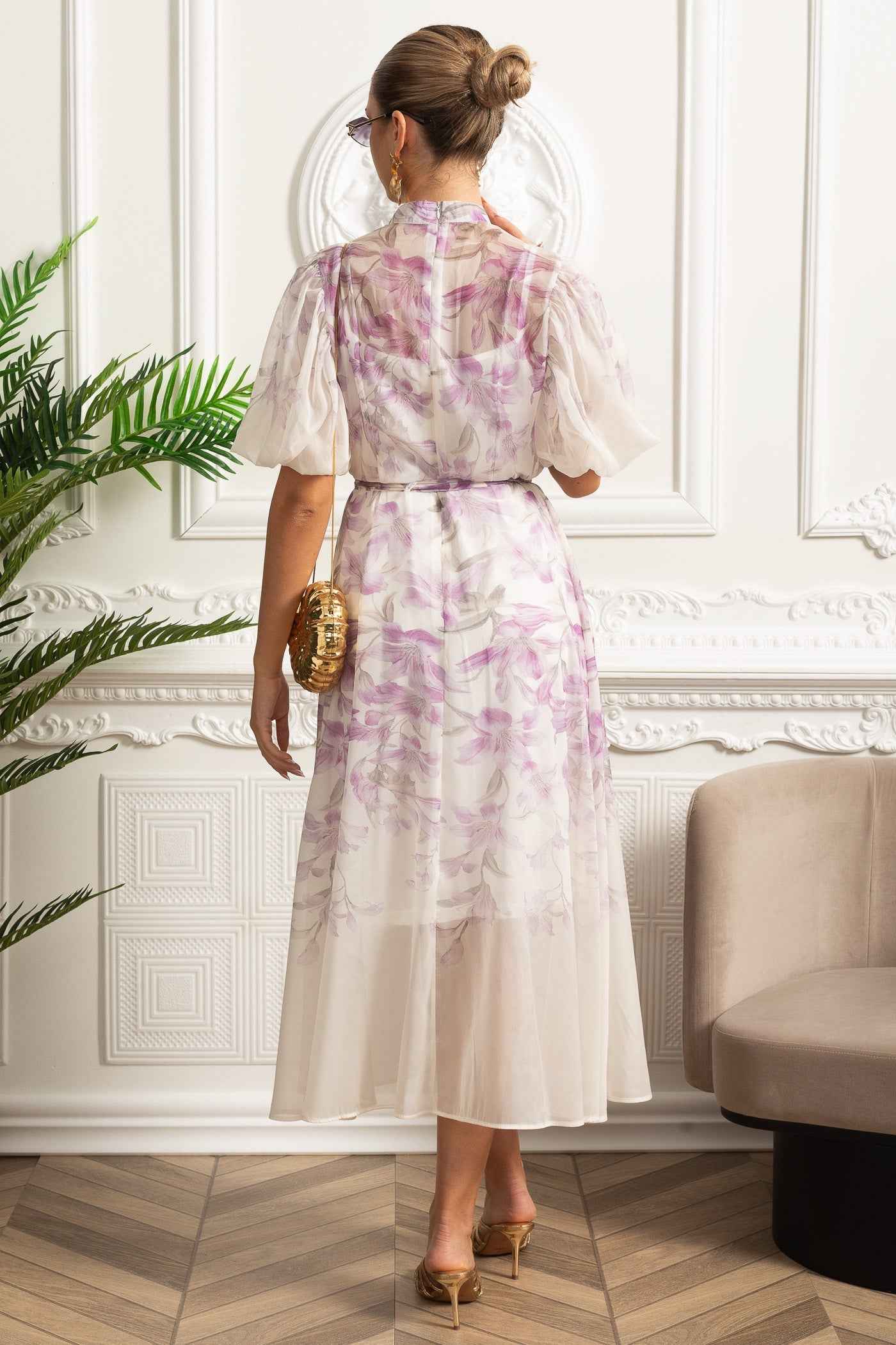Sheer Silk Botanical | FLORAL PUFF-SLEEVE MIDI SUMMER DRESS