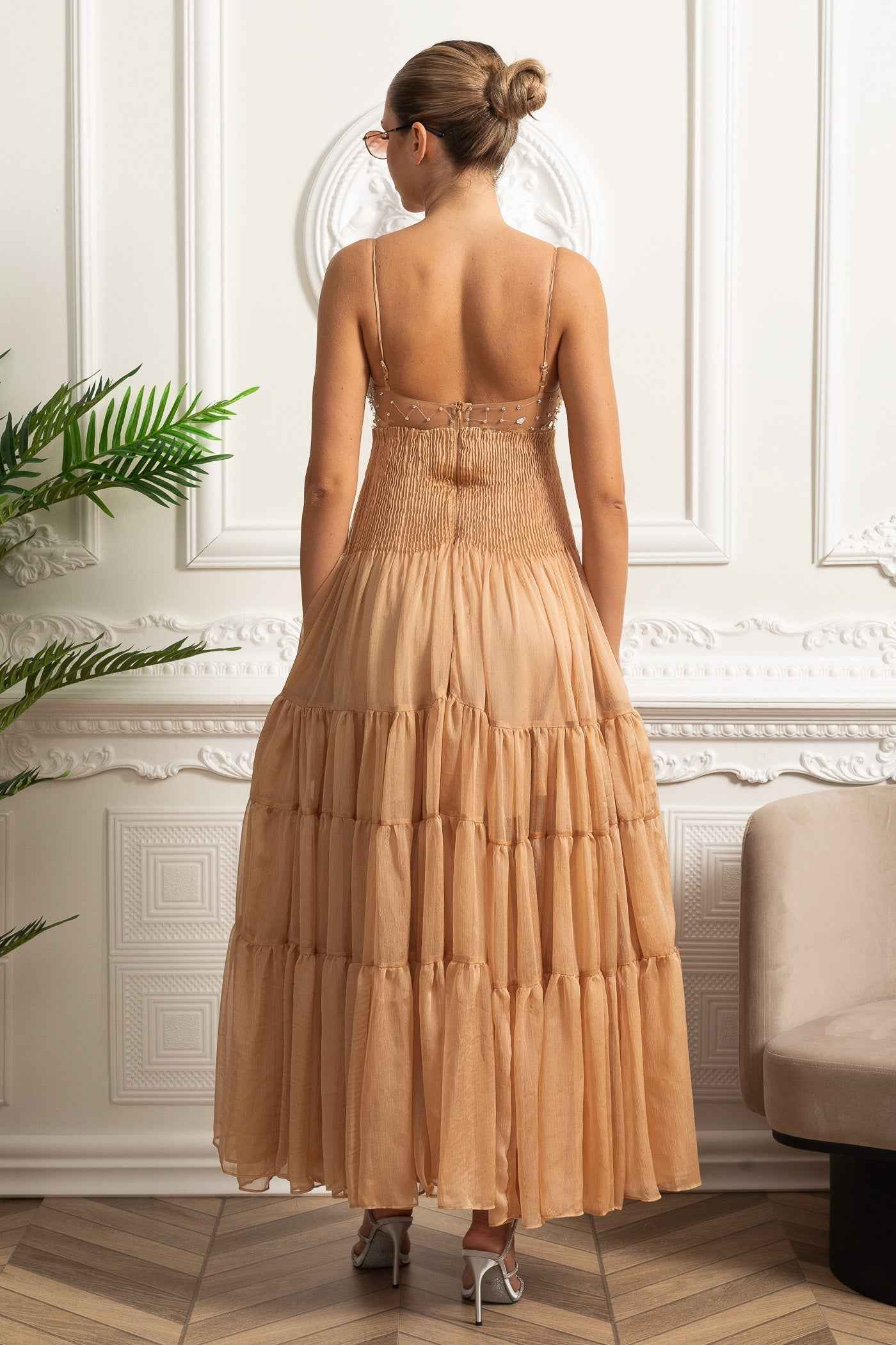 Beige Elegance | TIERED MESH MAXI SUMMER DRESS