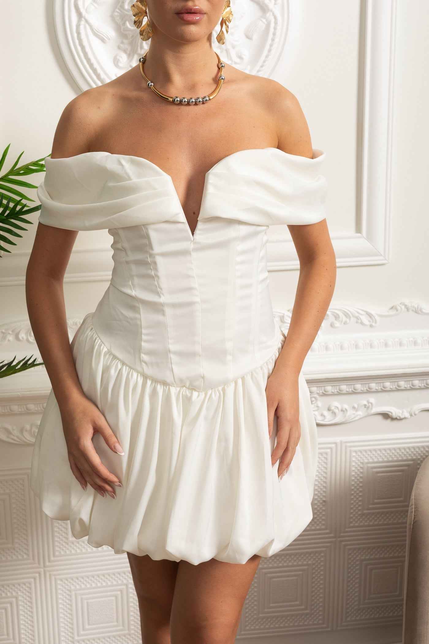 Sculpted Bodice Satin Dress with Draped Sleeves and Voluminous Hem - White