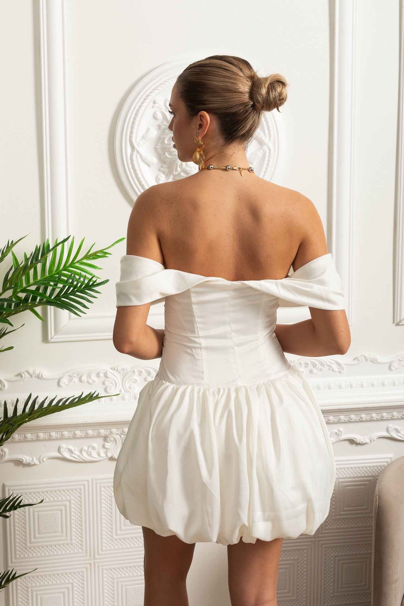Sculpted Bodice Satin Dress with Draped Sleeves and Voluminous Hem - White