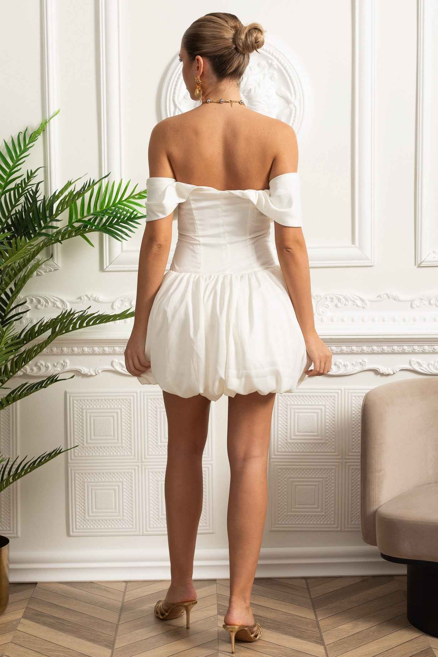Sculpted Bodice Satin Dress with Draped Sleeves and Voluminous Hem - White