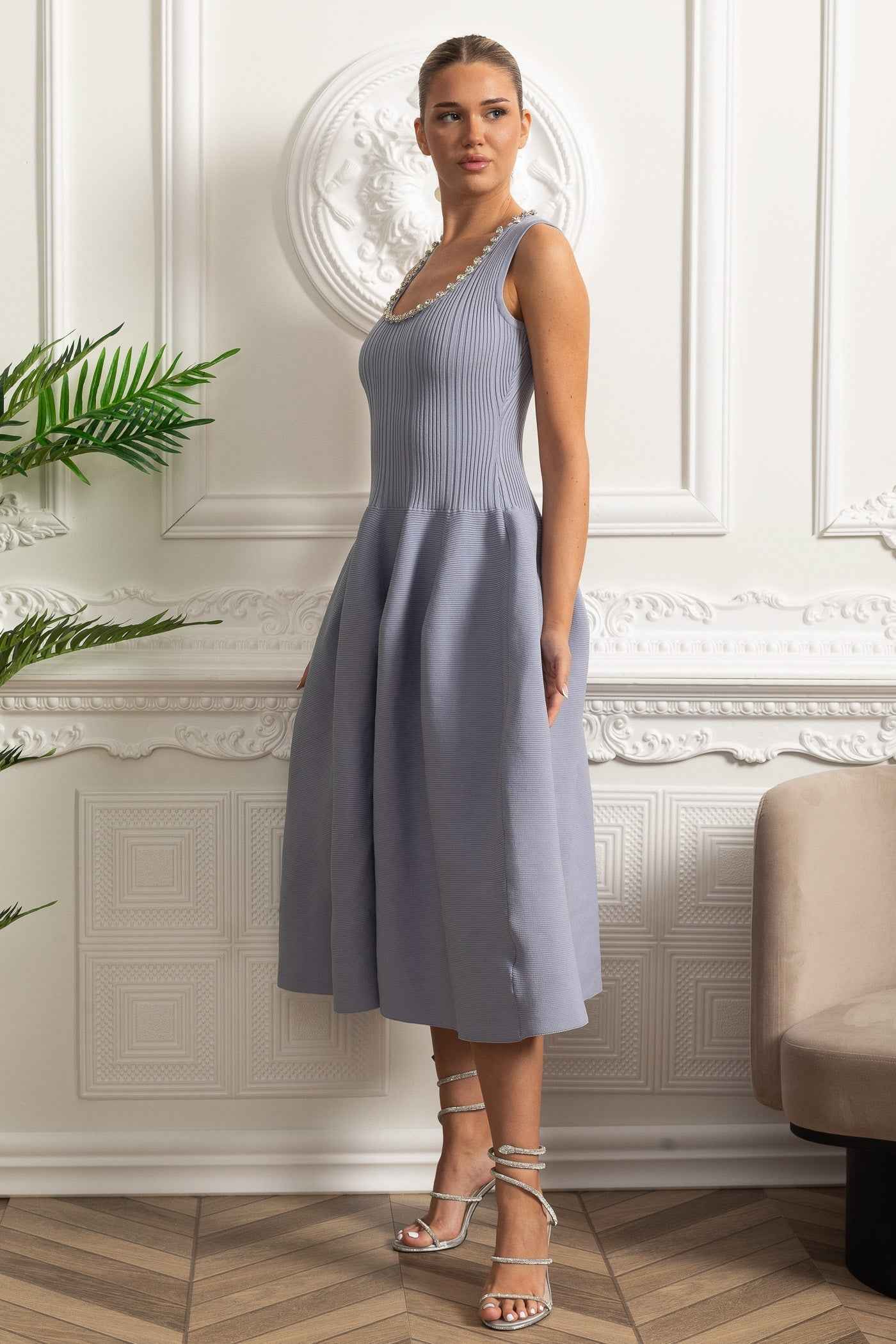 Beaded Scoop-Neck | SLEEVELESS RIBBED MIDI COCKTAIL SUMMER DRESS
