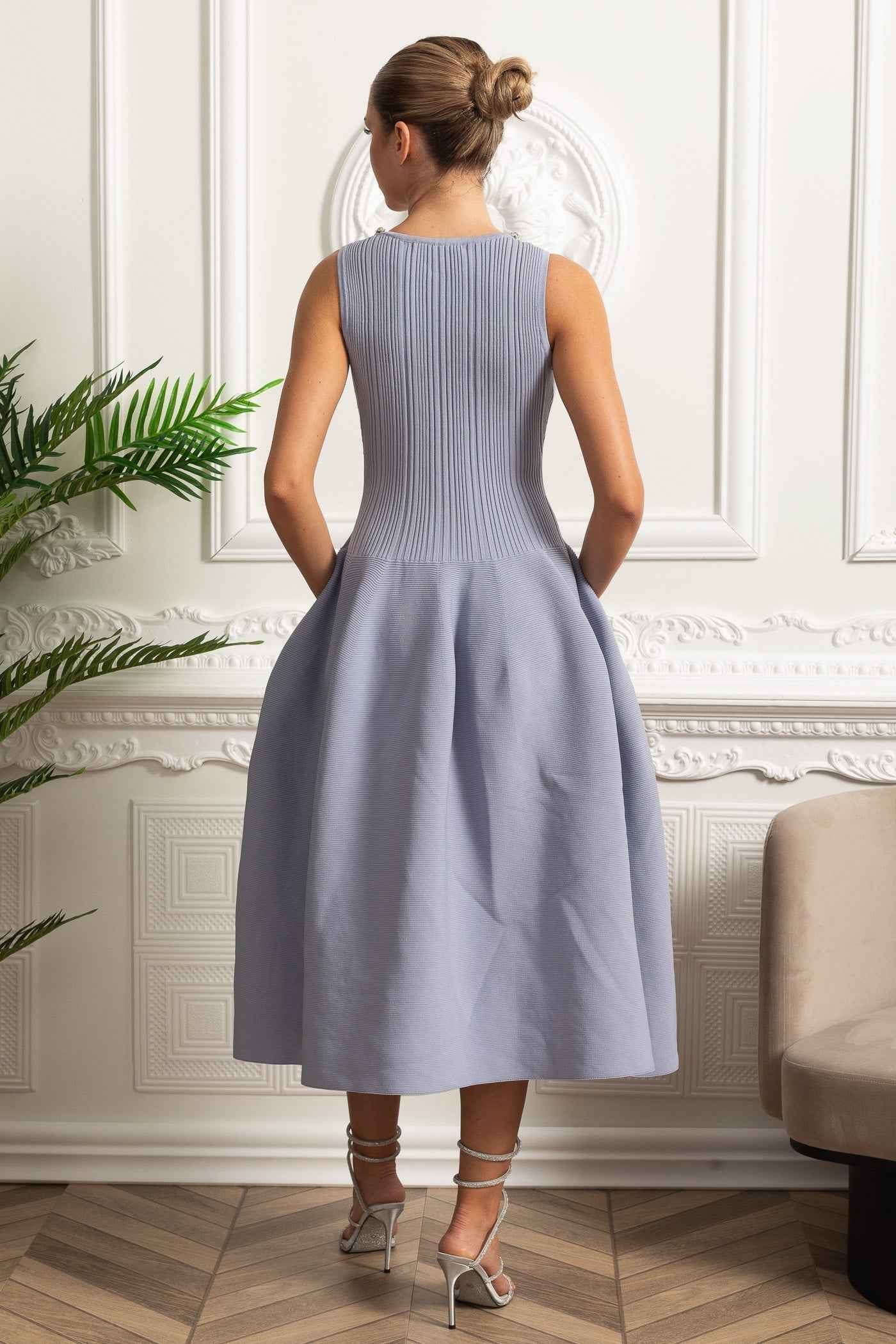 Beaded Scoop-Neck | SLEEVELESS RIBBED MIDI COCKTAIL SUMMER DRESS