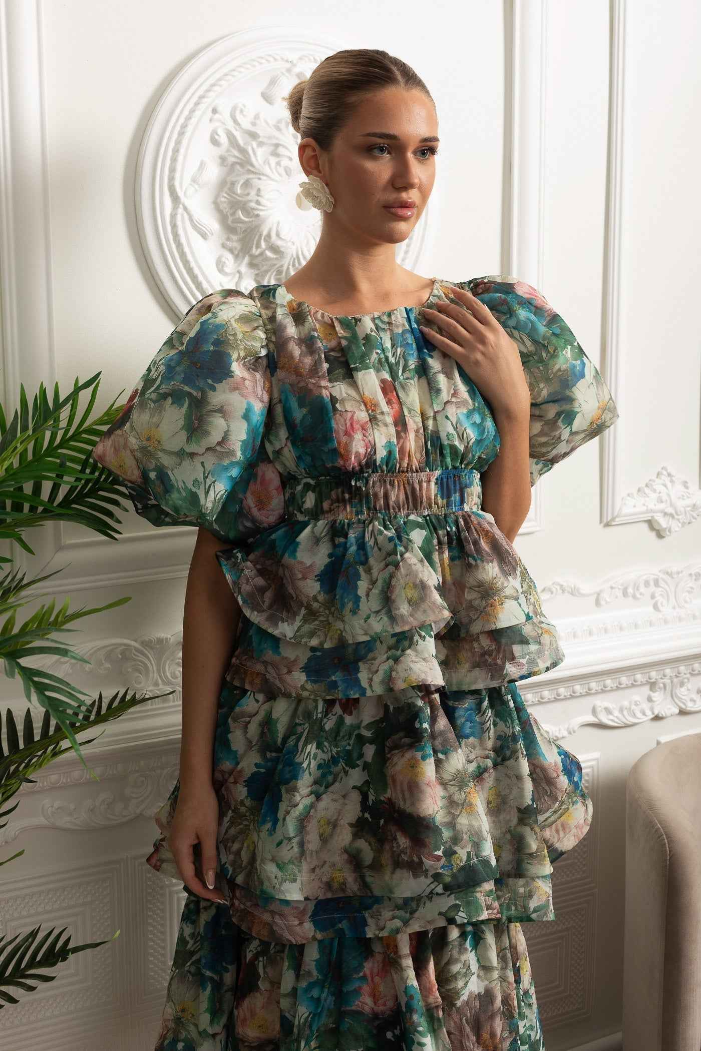 Puff Sleeve Tiered Ruffle Midi Dress - Green