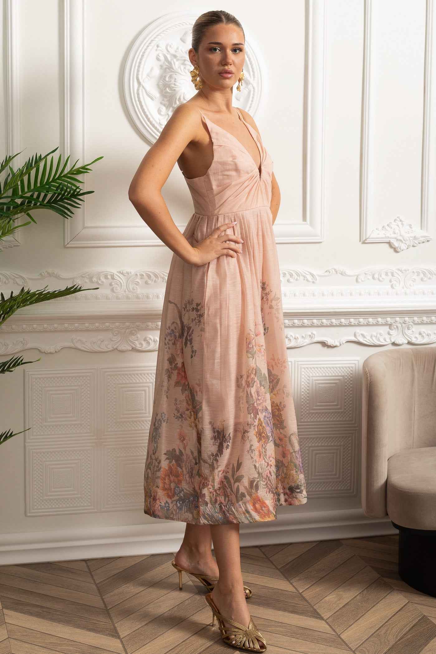 Blush Ruched | RUCHED FLORAL MIDI SUMMER PARTY DRESS
