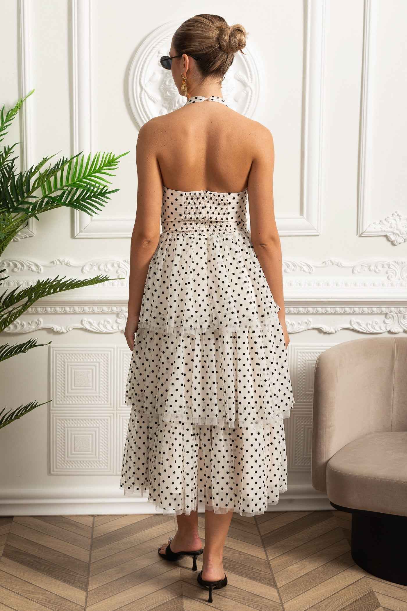 Polka Dot Halterneck Tiered Midi Dress - White