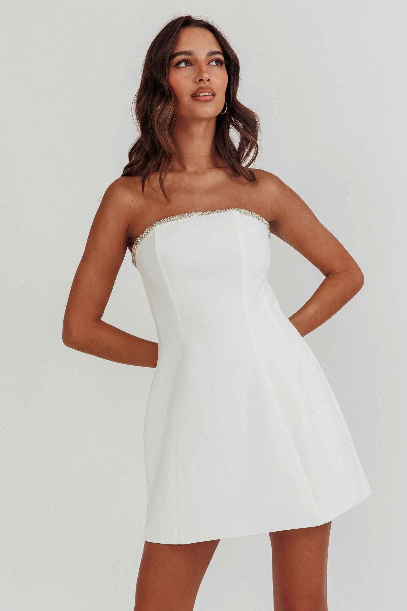 Macaila | STRAPLESS RHINESTONE MINI BRIDAL PARTY DRESS