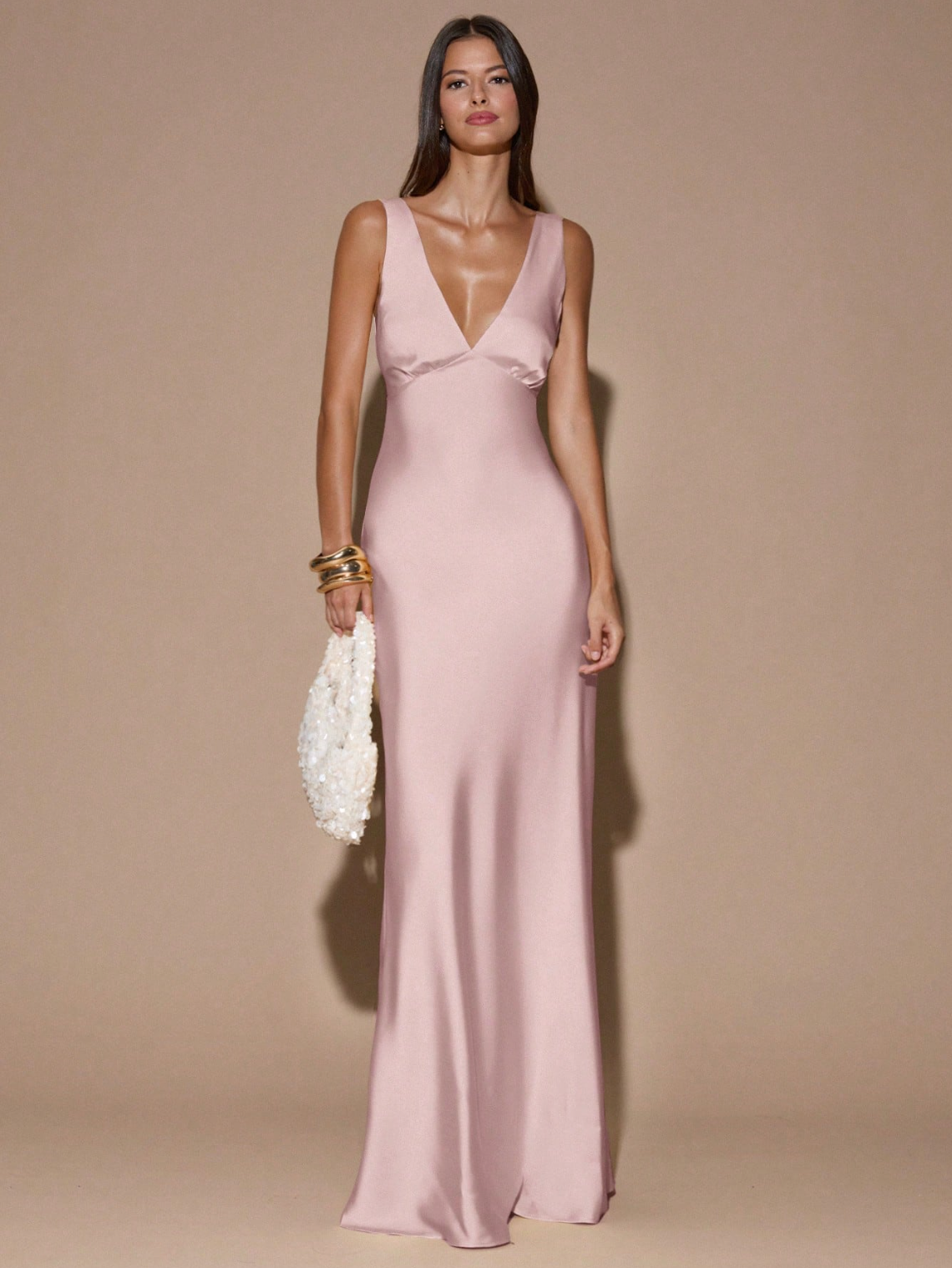Sandra Satin Deep V Backless Maxi Dress - Blush - ICYBOO