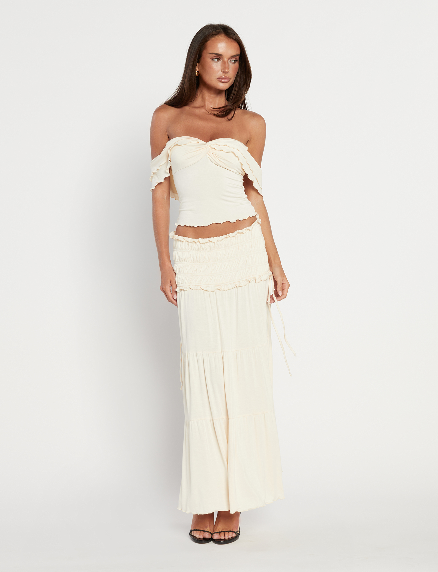 Denali Maxi Skirt - Bone Jersey Shirred Waistband - ICYBOO