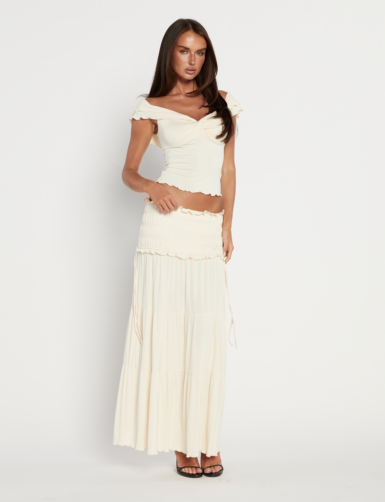 Denali Maxi Skirt - Bone Jersey Shirred Waistband - ICYBOO