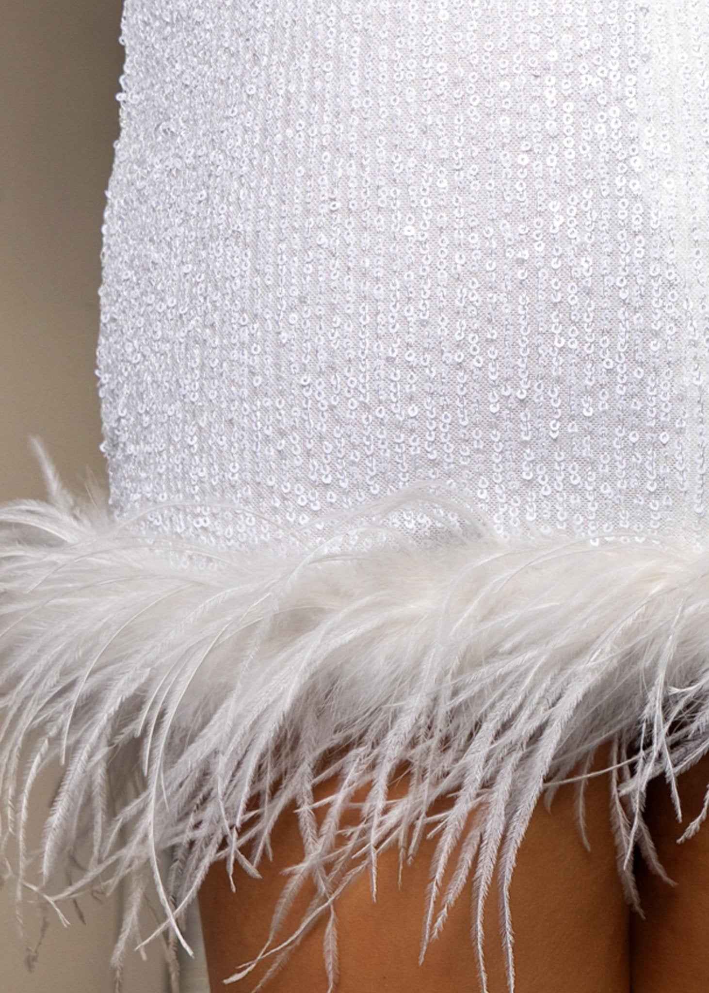 Untamed Aura Sequin Feather Mini Dress - White